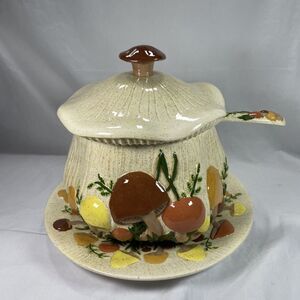 Vintage Arnels Merry Mushroom Soup Tureen Underplate Lid Ladle 1970s Ceramic 11"